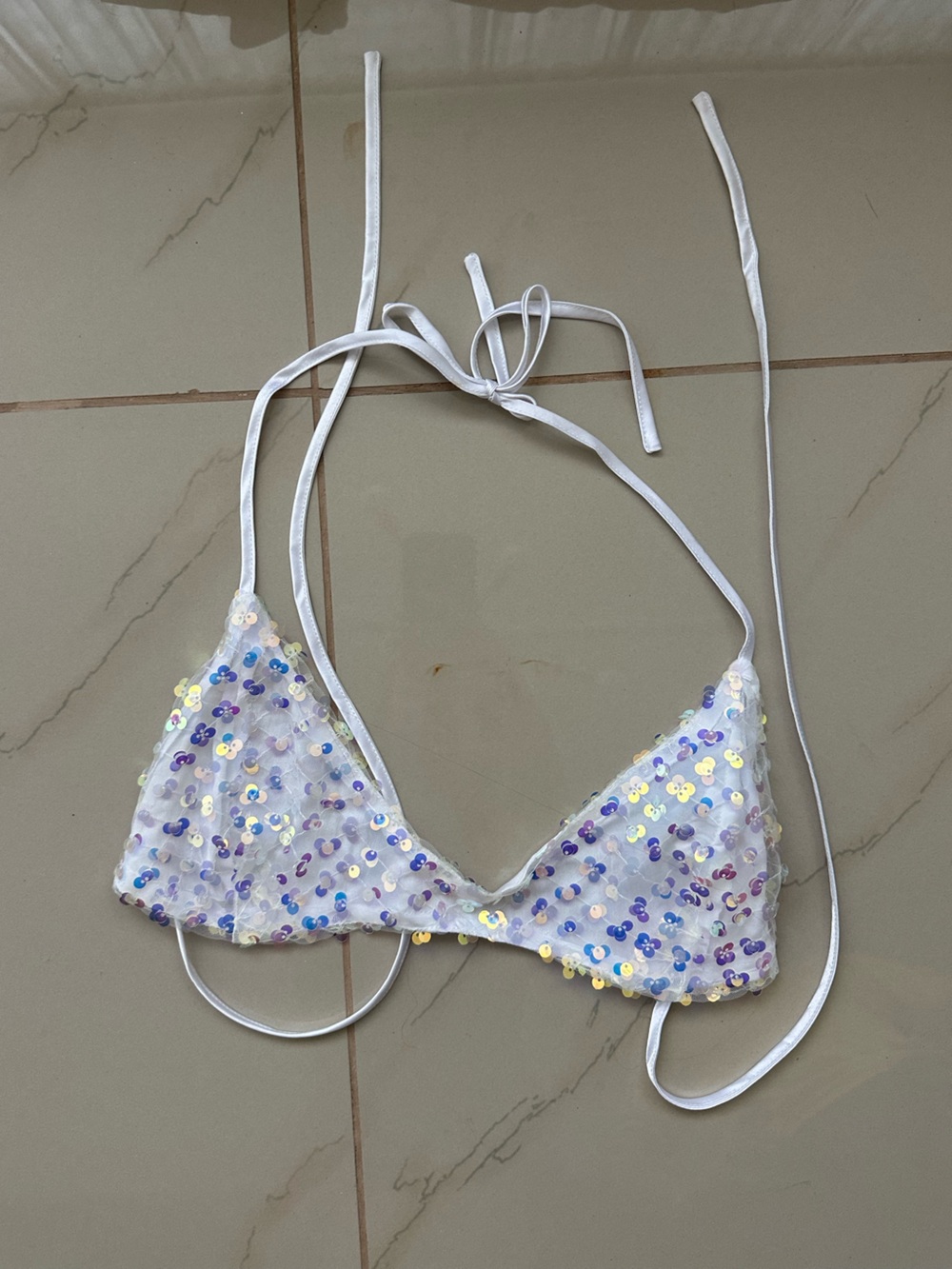 White Sequin Triangle Crop Top with Tie Straps